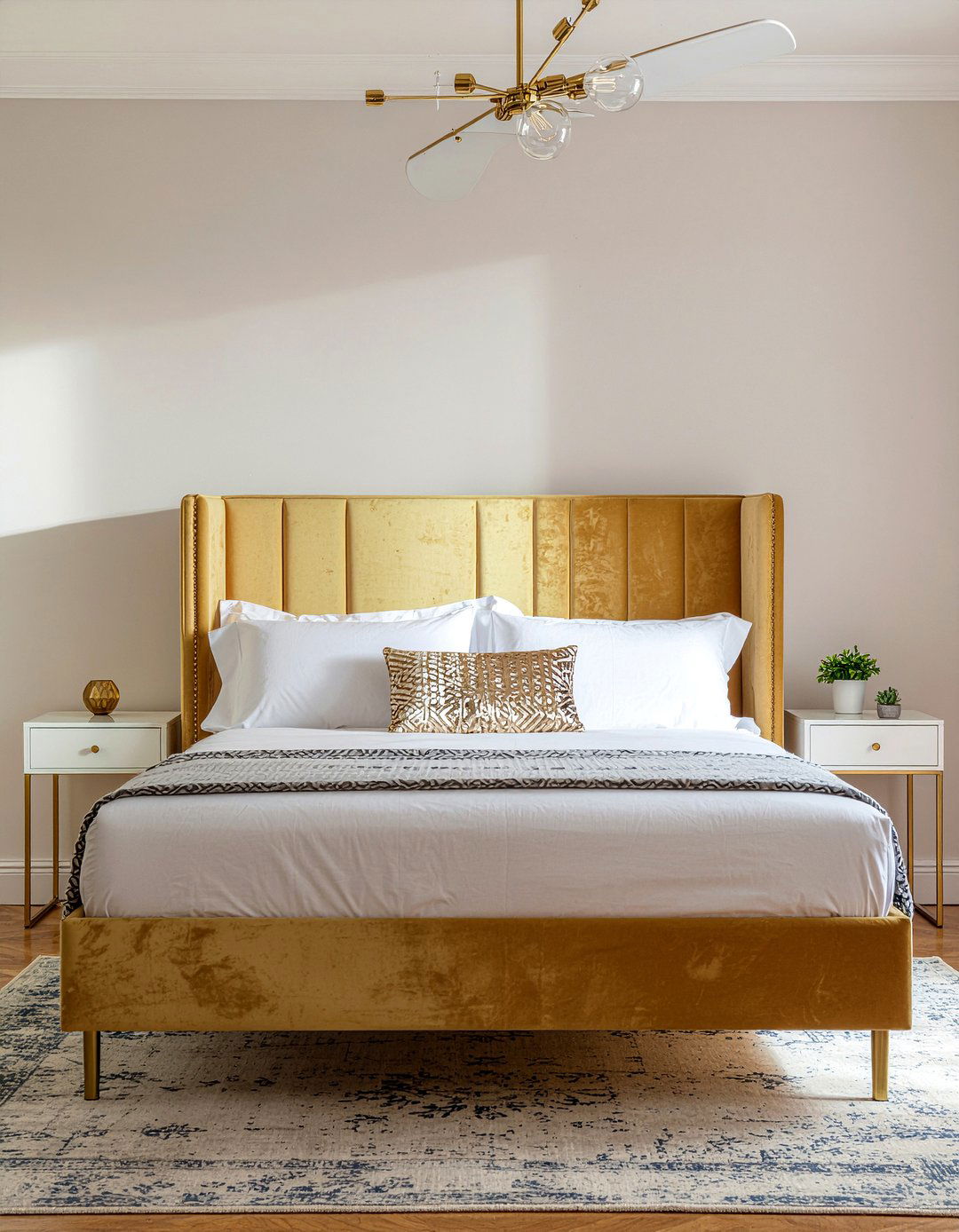 Gold velvet headboard - 30 gold accent bedroom ideas