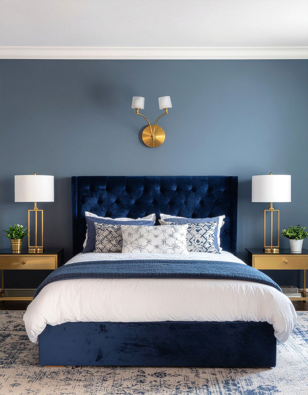 Gold wall sconces - 30 navy and gold bedroom ideas