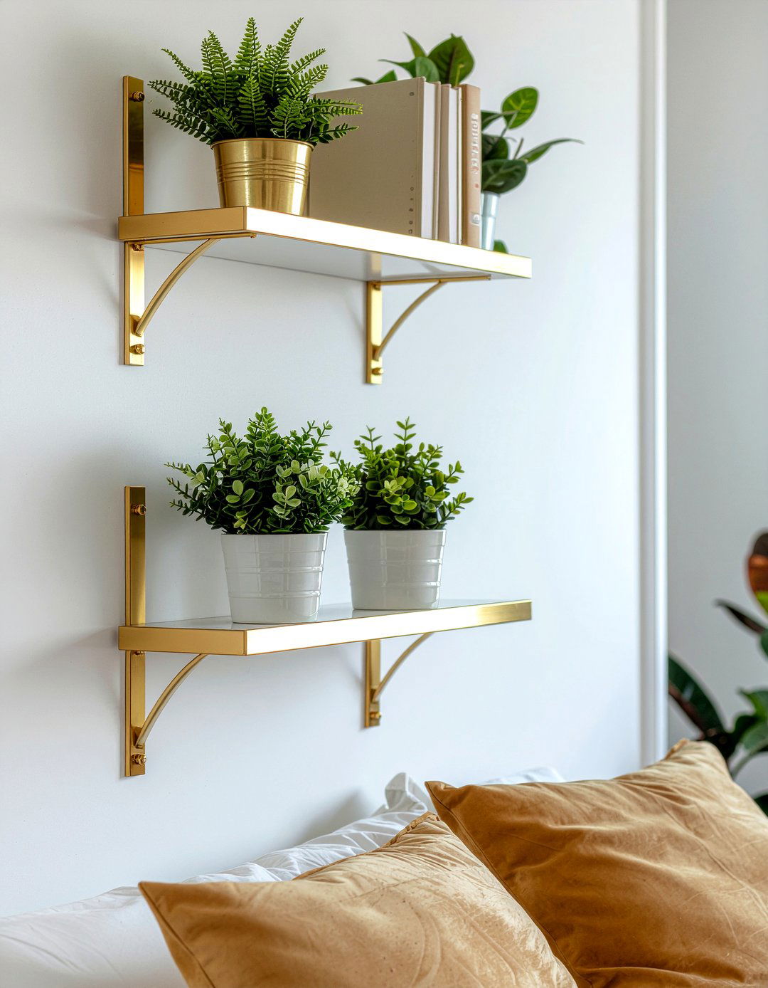 Gold wall shelves - 30 gold accent bedroom ideas