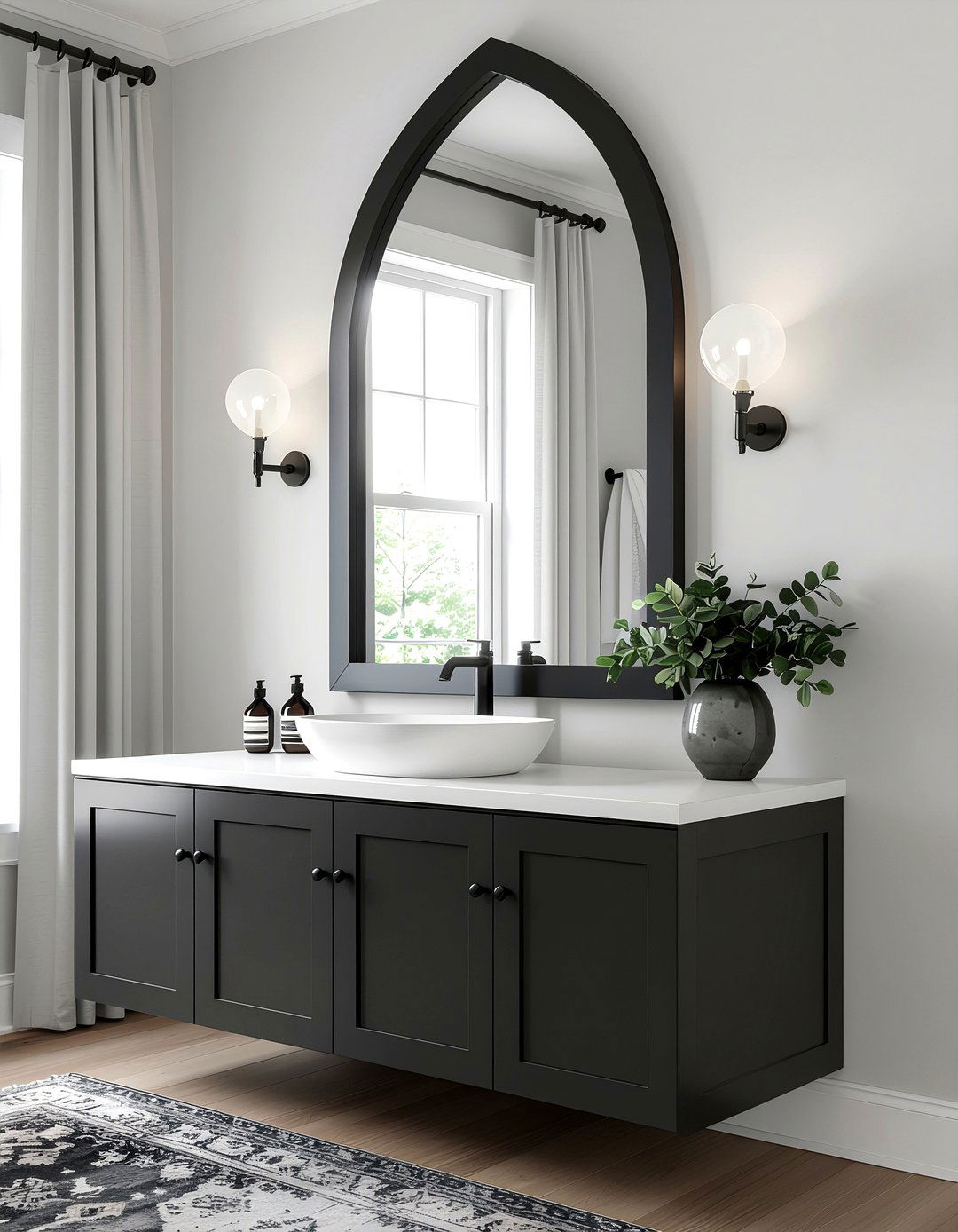 Gothic arched mirror modern vanity - 30 bathroom era mixing ideas