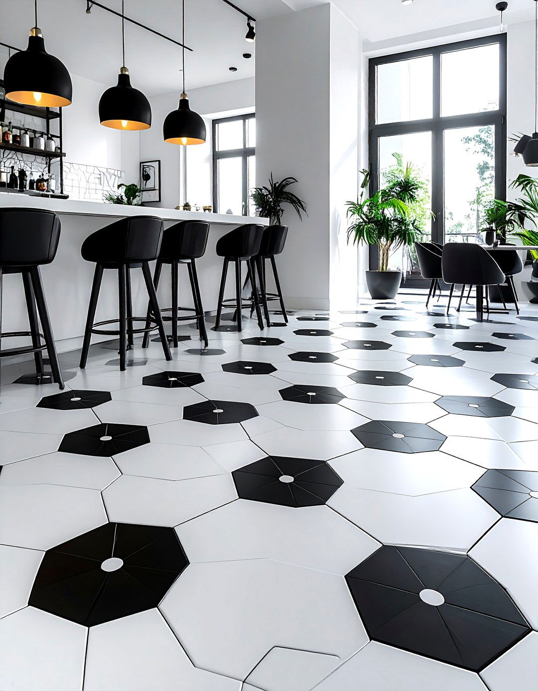 Graphic black and white hex tile - 30 patterned floor kitchen ideas