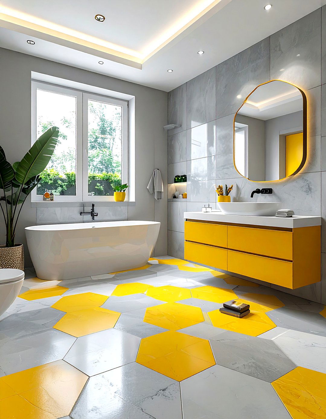 Gray And Yellow Geometric Floor - 30 gray yellow bathroom ideas
