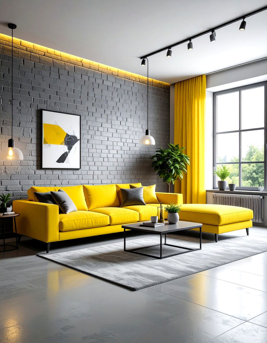Gray And Yellow Living Room With Brick Wall - 30 gray yellow living room ideas