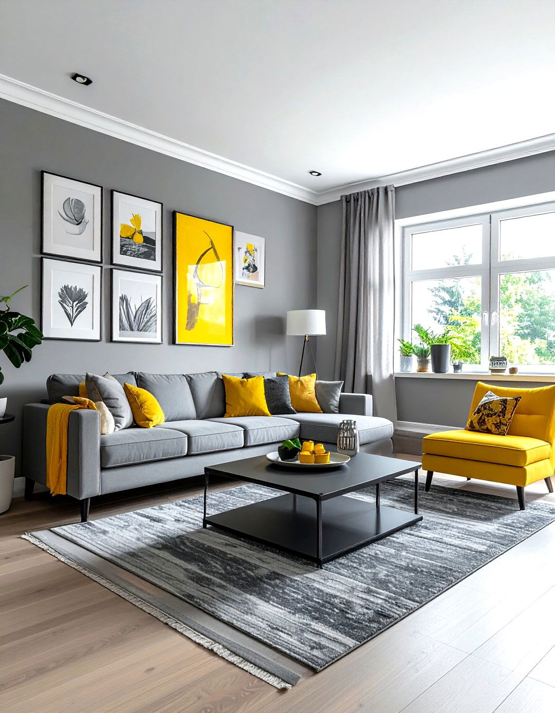 Gray And Yellow Living Room With Gallery Wall - 30 gray yellow living room ideas