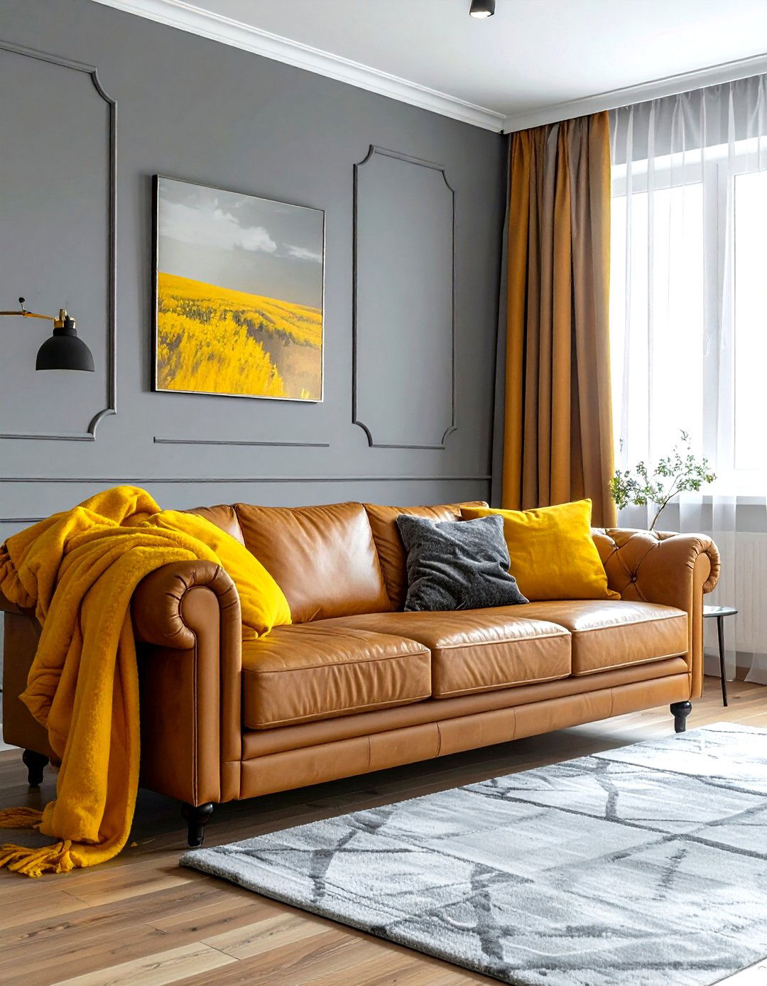 Gray And Yellow Living Room With Leather Sofa - 30 gray yellow living room ideas