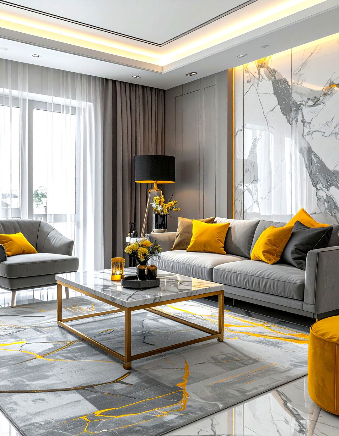 Gray And Yellow Living Room With Marble Accents - 30 gray yellow living room ideas