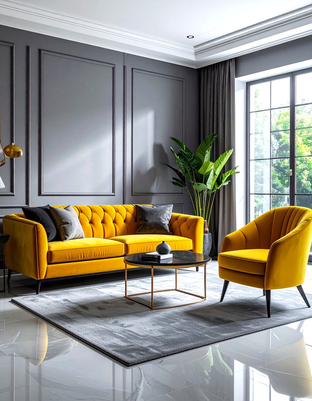 Gray And Yellow Living Room With Velvet Furniture - 30 gray yellow living room ideas