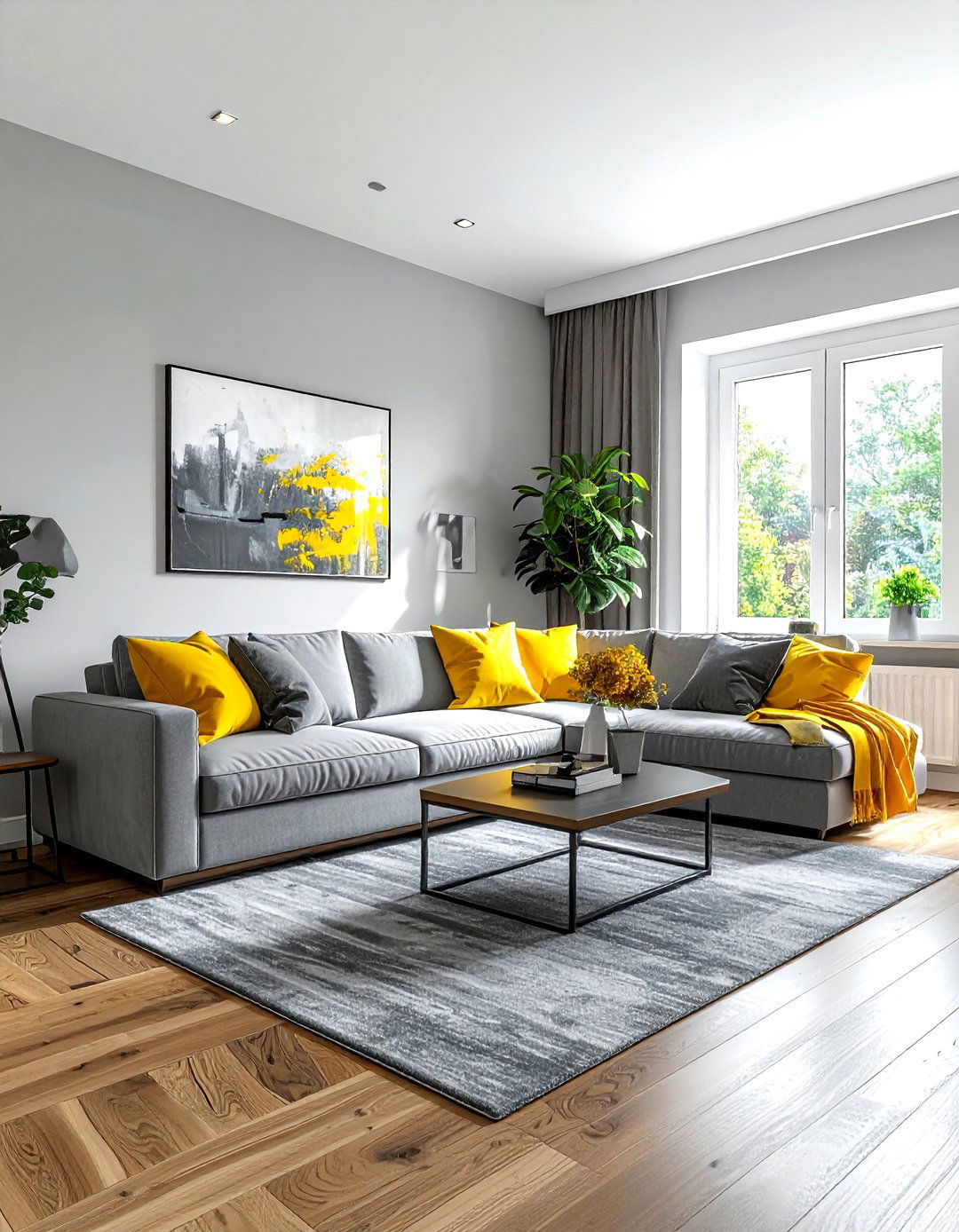 Gray And Yellow Living Room With Wood Floors - 30 gray yellow living room ideas