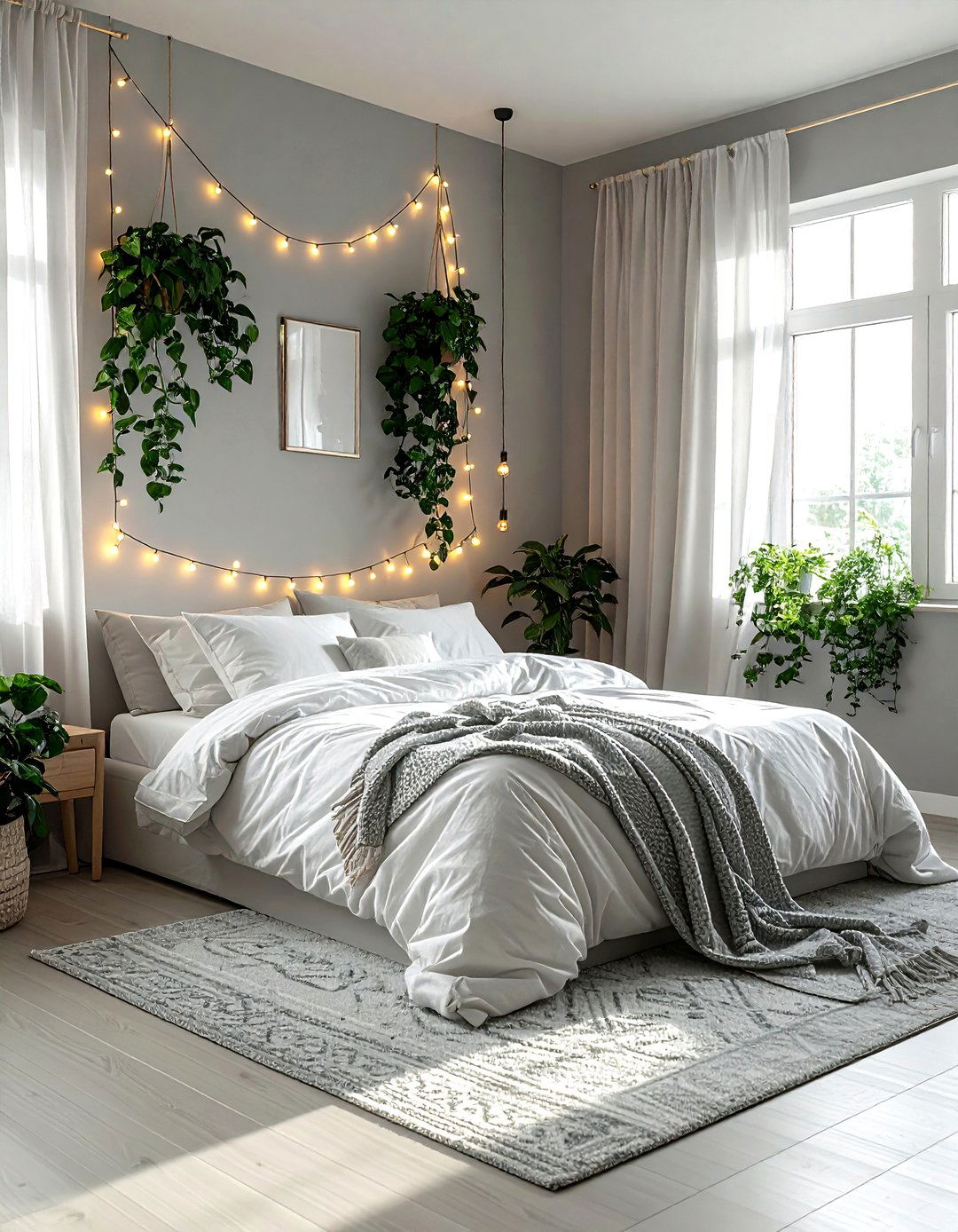Gray Boho Bedroom With Fairy Lights - 30 bohemian gray bedroom ideas