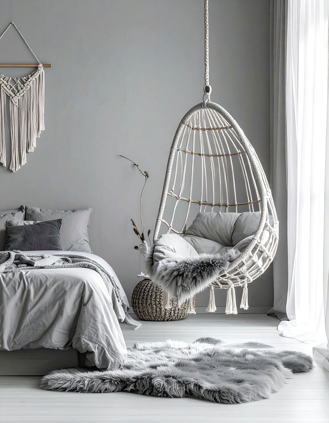 Gray Boho Bedroom With Hanging Chair - 30 bohemian gray bedroom ideas