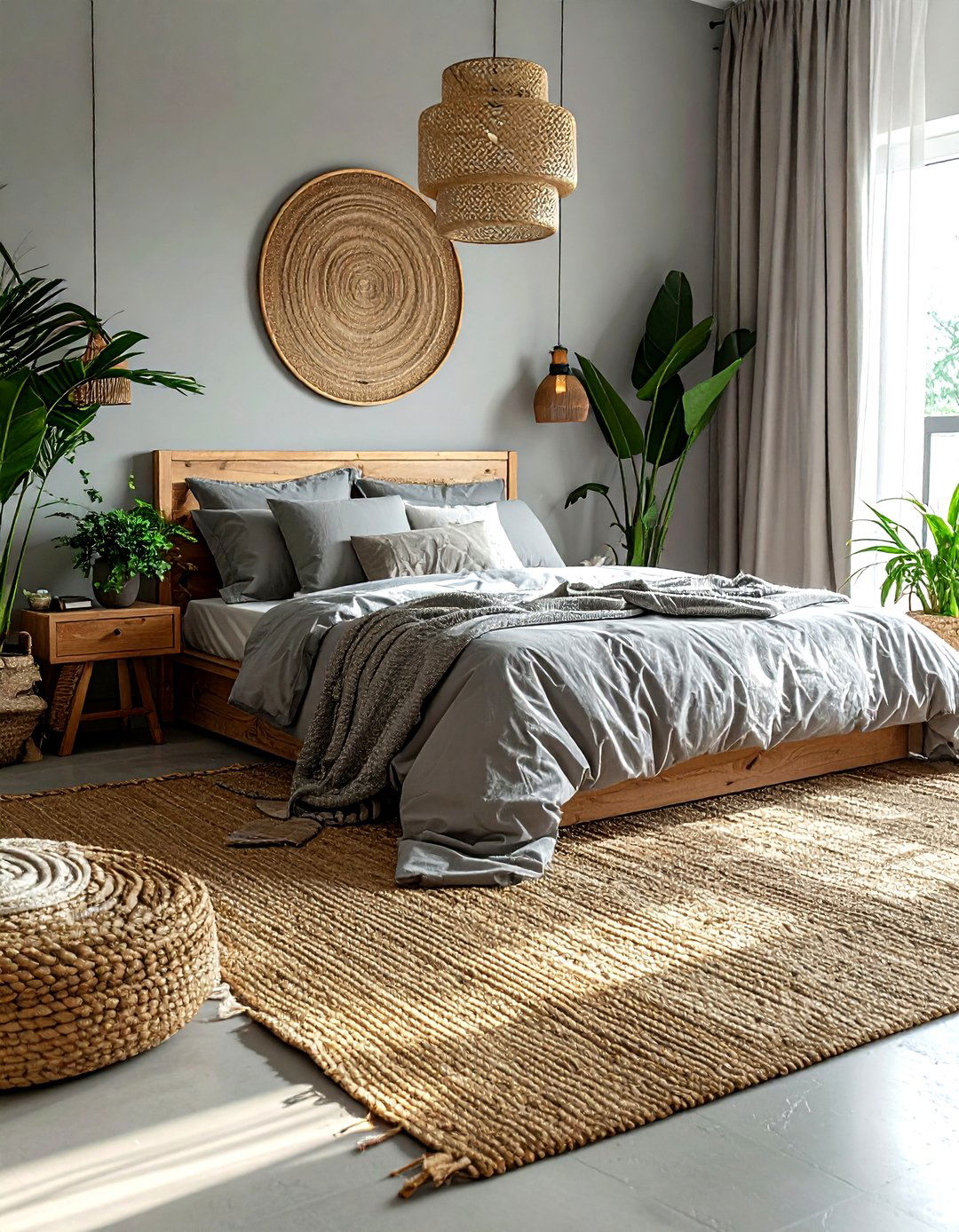 Gray Boho Bedroom With Jute Rug - 30 bohemian gray bedroom ideas