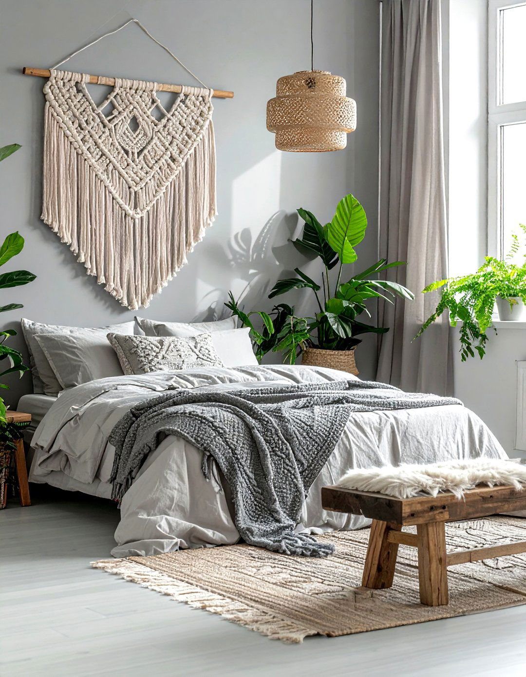 Gray Boho Bedroom With Macrame - 30 bohemian gray bedroom ideas