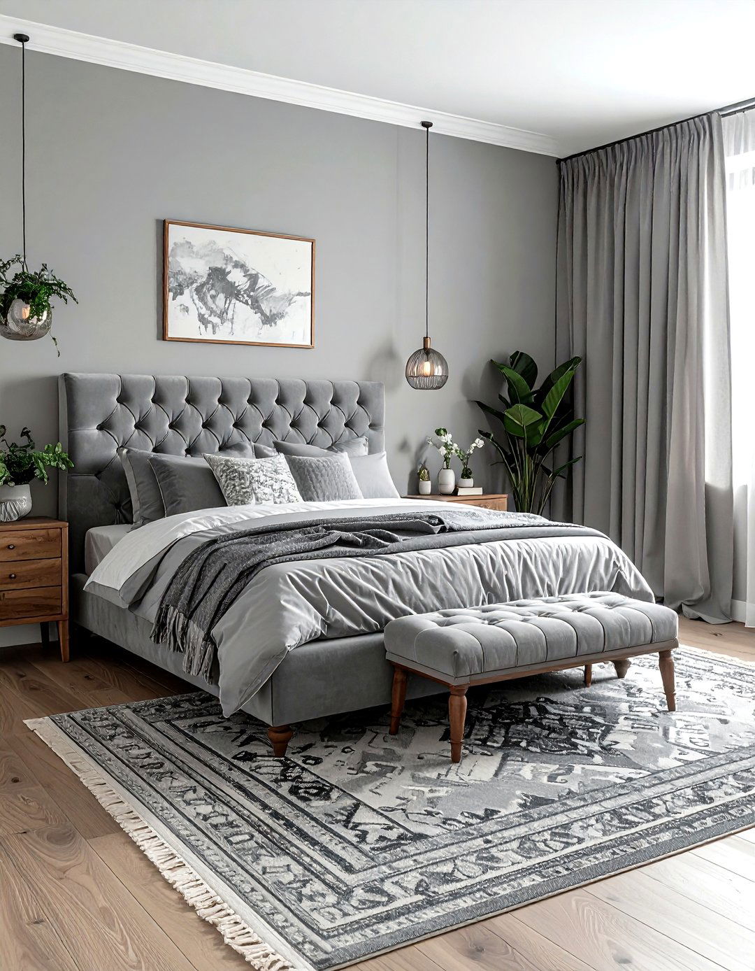 Gray Boho Bedroom With Tufted Headboard - 30 bohemian gray bedroom ideas