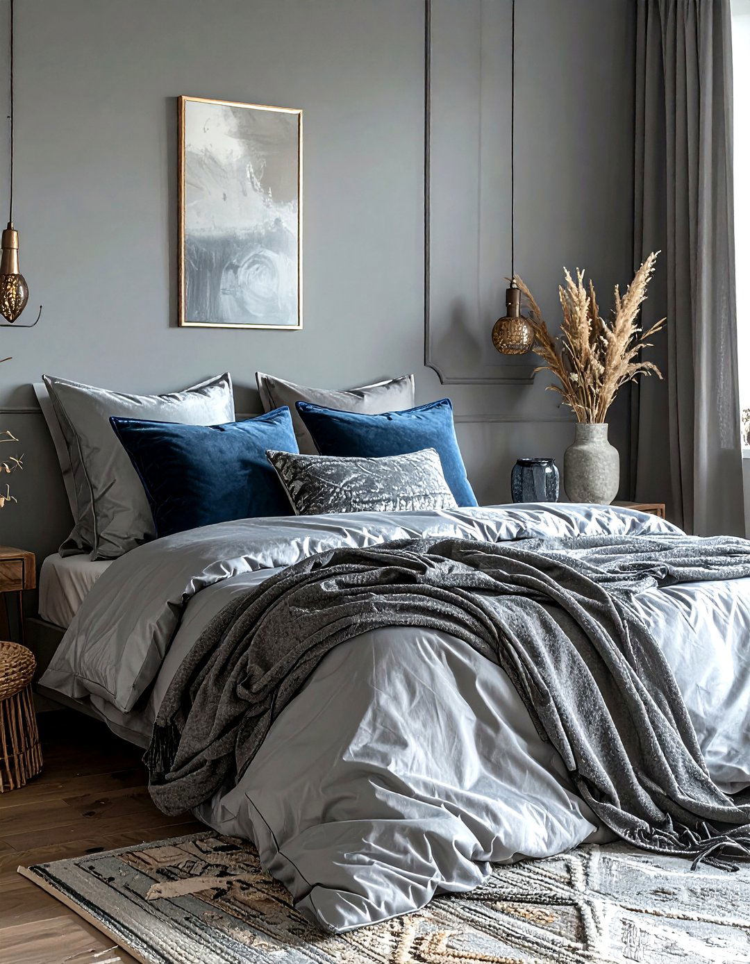 Gray Boho Bedroom With Velvet Pillows - 30 bohemian gray bedroom ideas