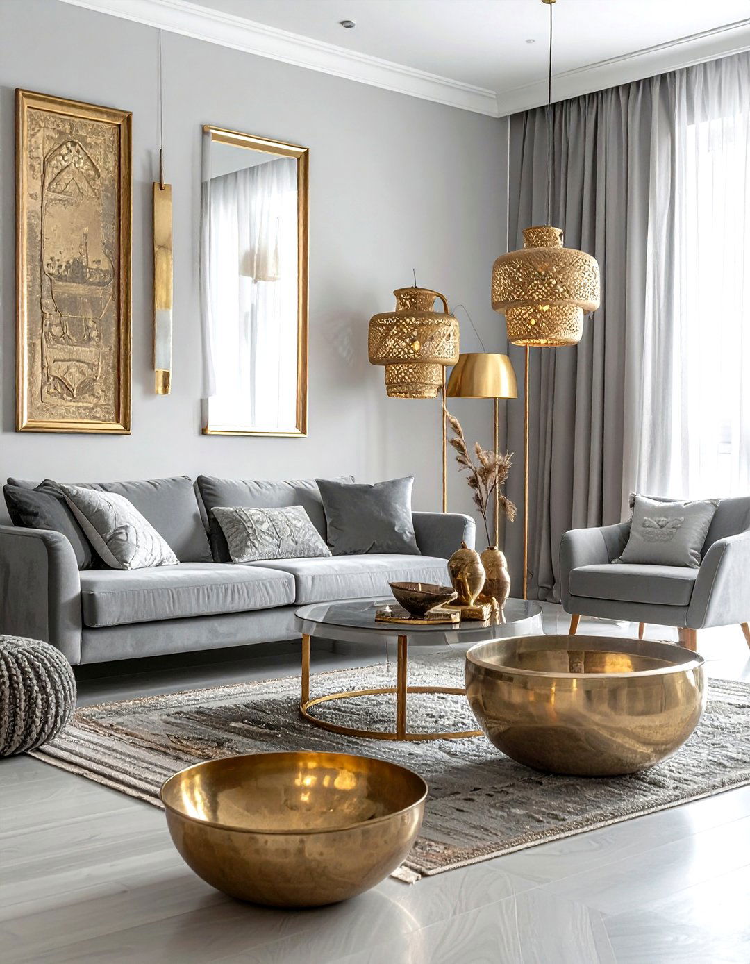 Gray Boho Living Room Brass Accents - 30 bohemian gray living room ideas