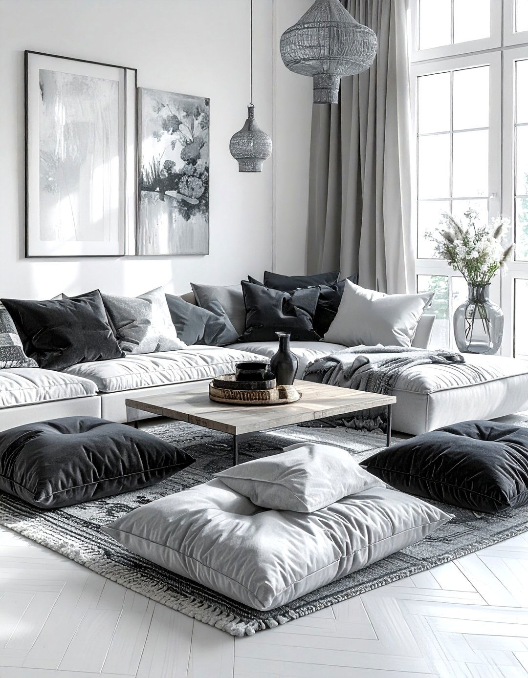 Gray Boho Living Room Floor Pillows - 30 bohemian gray living room ideas
