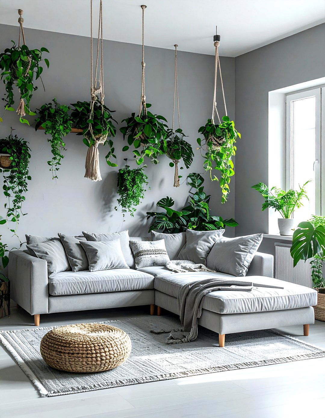 Gray Boho Living Room Hanging Plants - 30 bohemian gray living room ideas