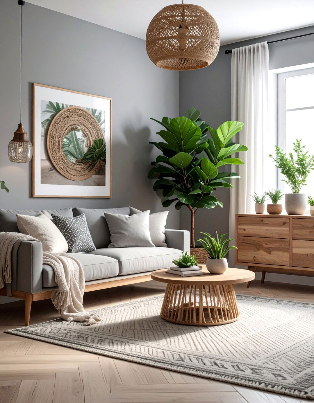 Gray Boho Living Room Indoor Trees - 30 bohemian gray living room ideas