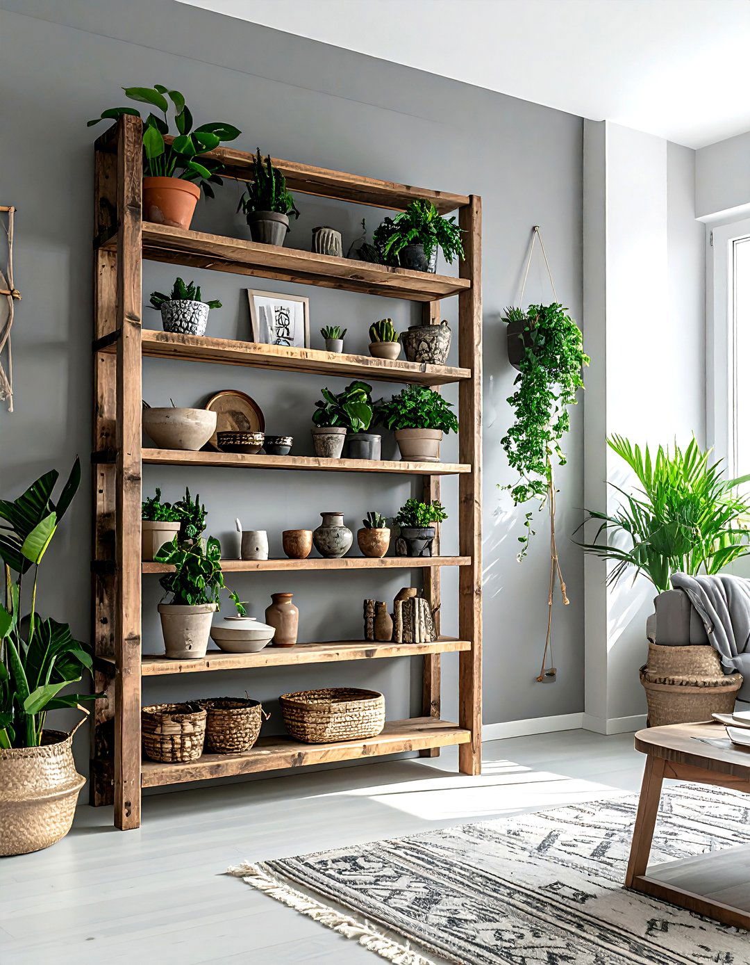 Gray Boho Living Room Open Shelving - 30 bohemian gray living room ideas