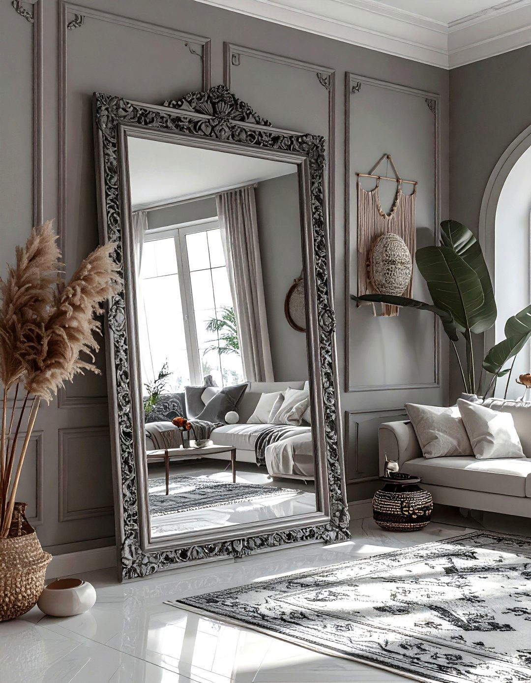 Gray Boho Living Room Oversized Mirror - 30 bohemian gray living room ideas