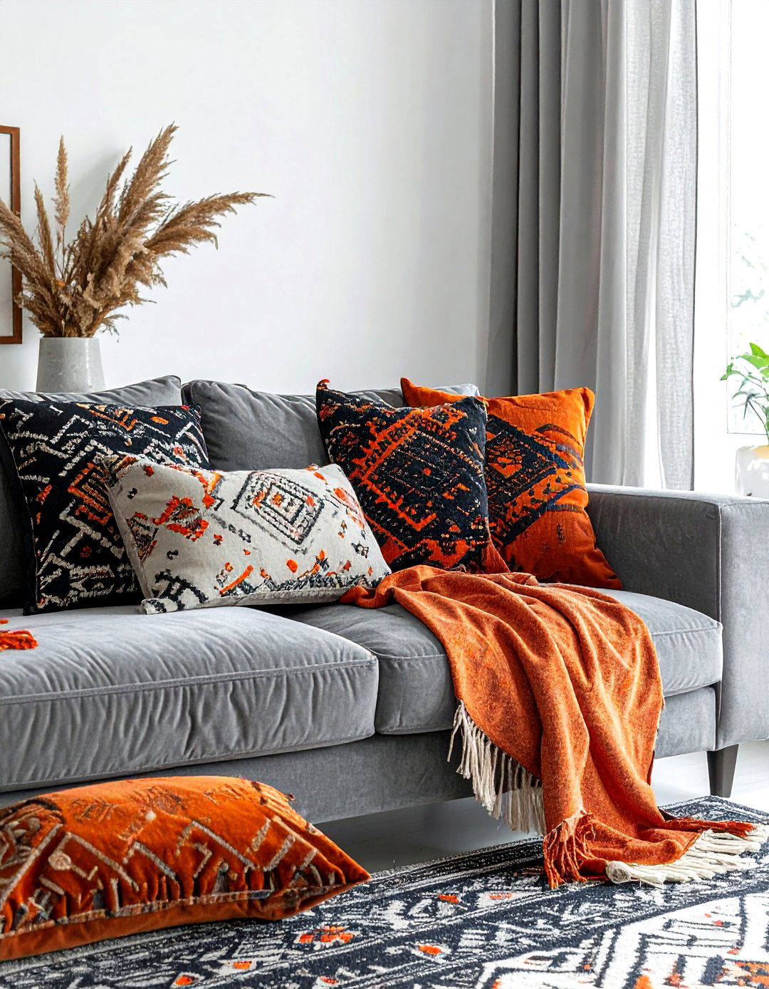 Gray Boho Living Room Patterned Pillows - 30 bohemian gray living room ideas