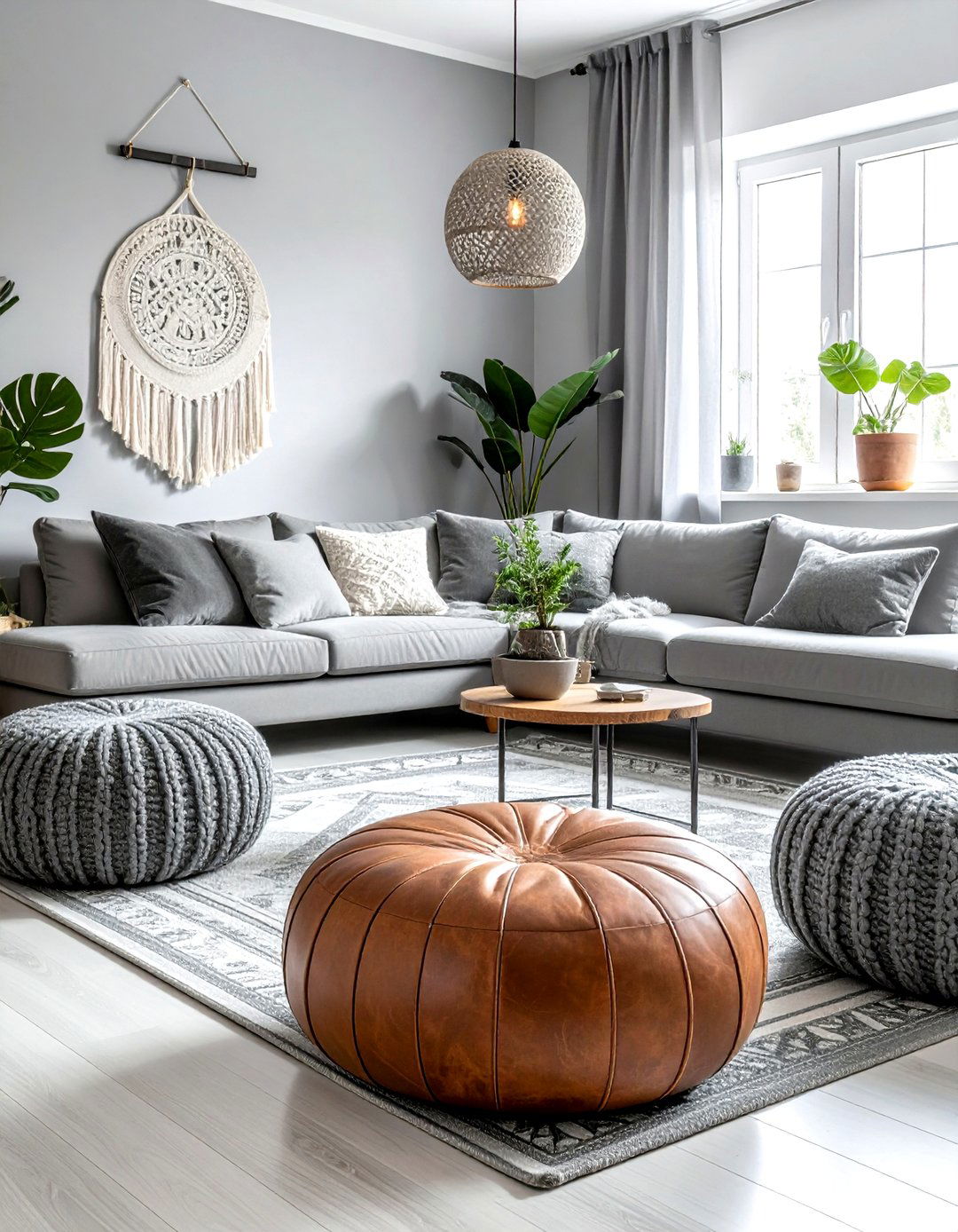 Gray Boho Living Room Pouf Seating - 30 bohemian gray living room ideas