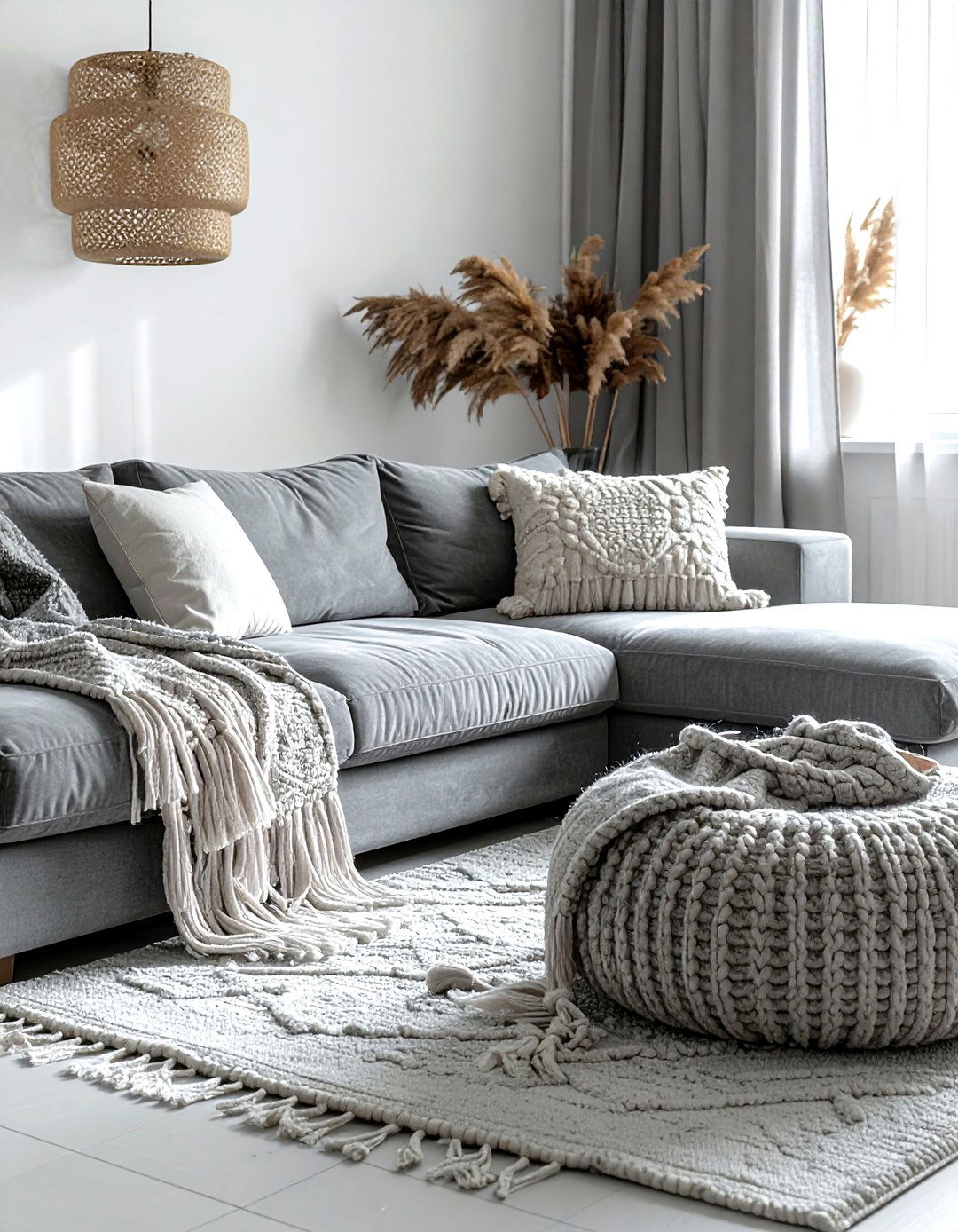Gray Boho Living Room Tassel Throws - 30 bohemian gray living room ideas