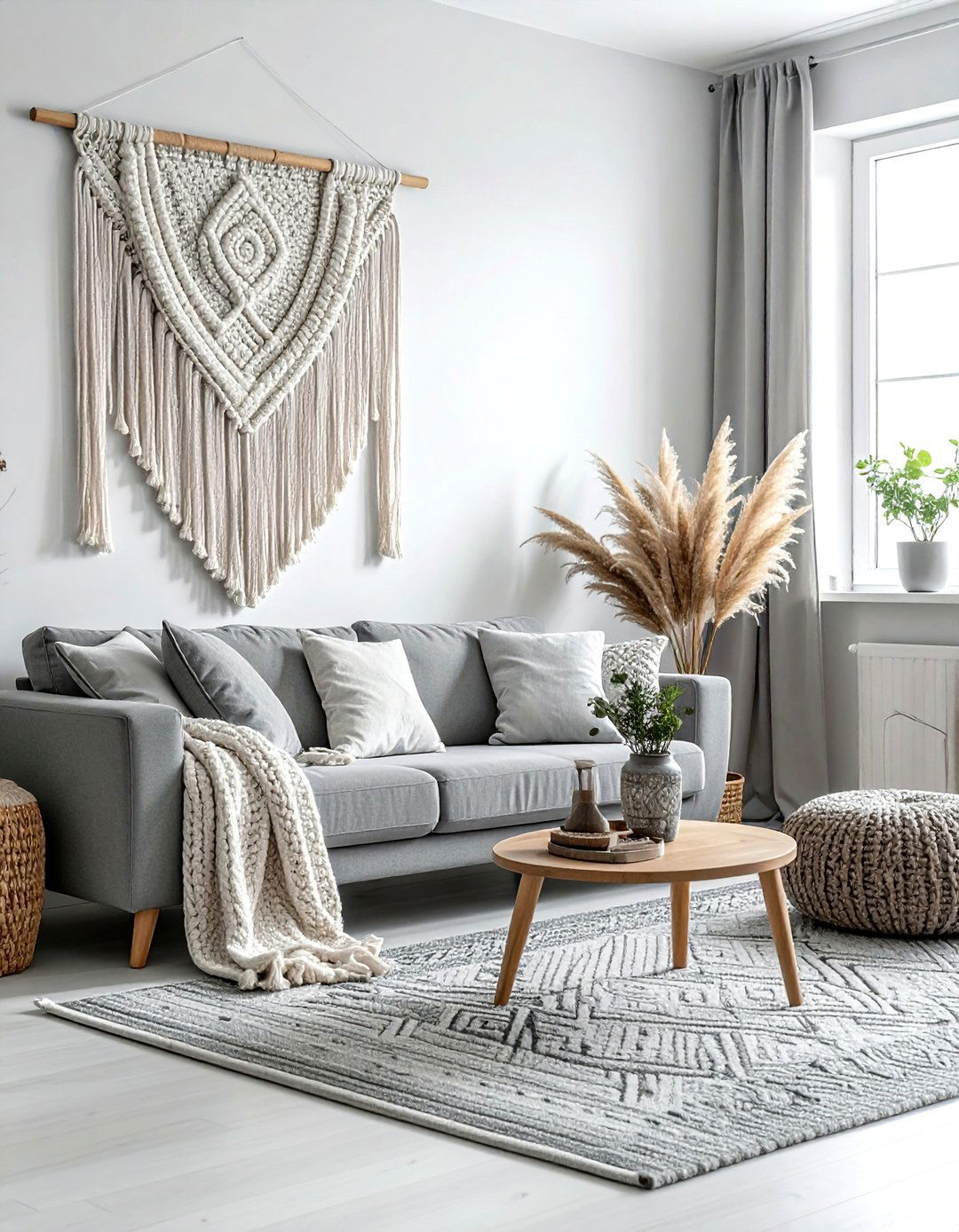 Gray Boho Living Room Woven Wall Hanging - 30 bohemian gray living room ideas