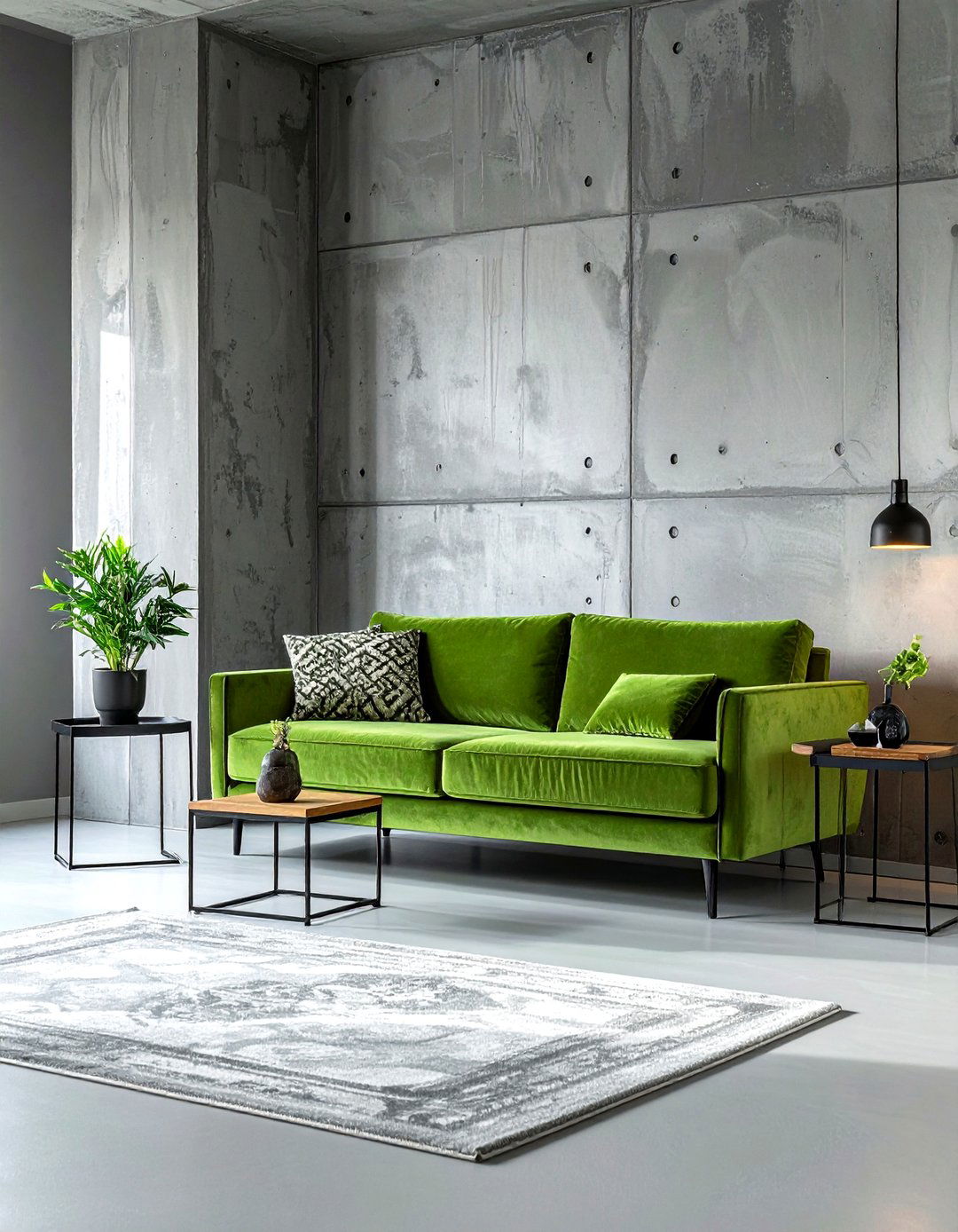Gray Concrete Green Couch - 30 industrial green living room ideas