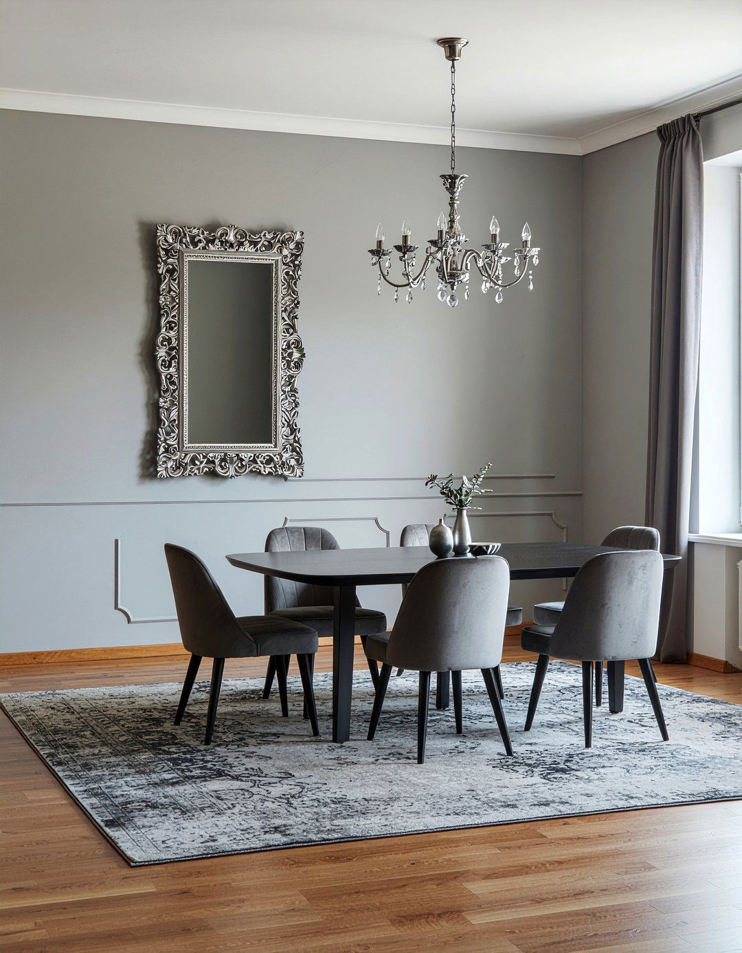 Gray Dining Room Walls With Pewter Ornate Mirror - 30 ornate mirror dining room ideas