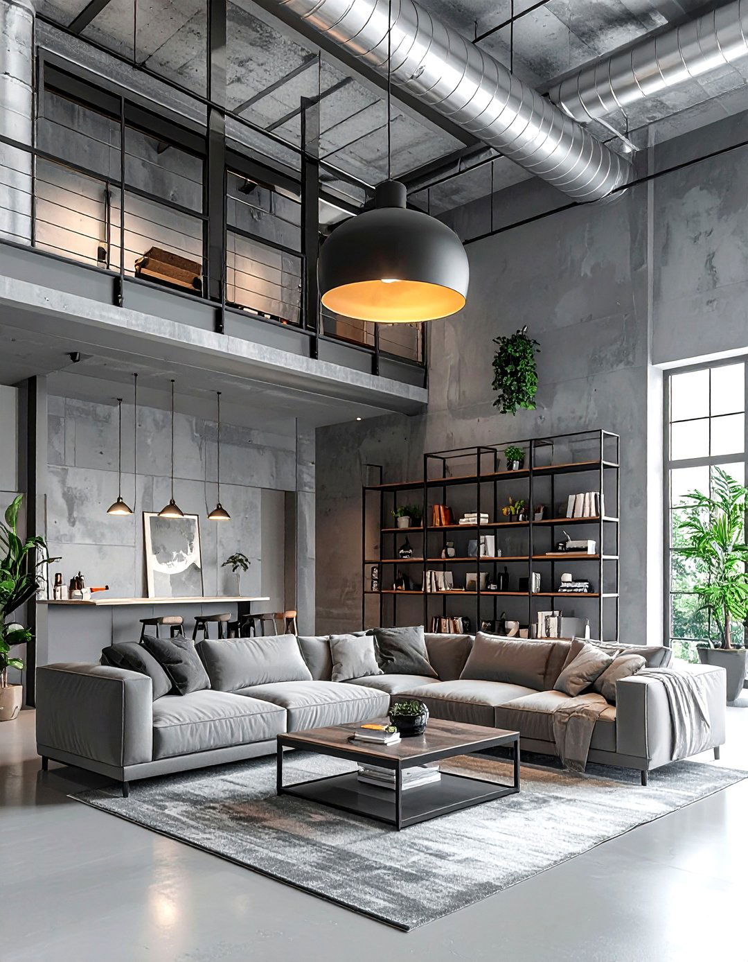 Gray Industrial Living Room With High Ceilings - 30 industrial gray living room ideas