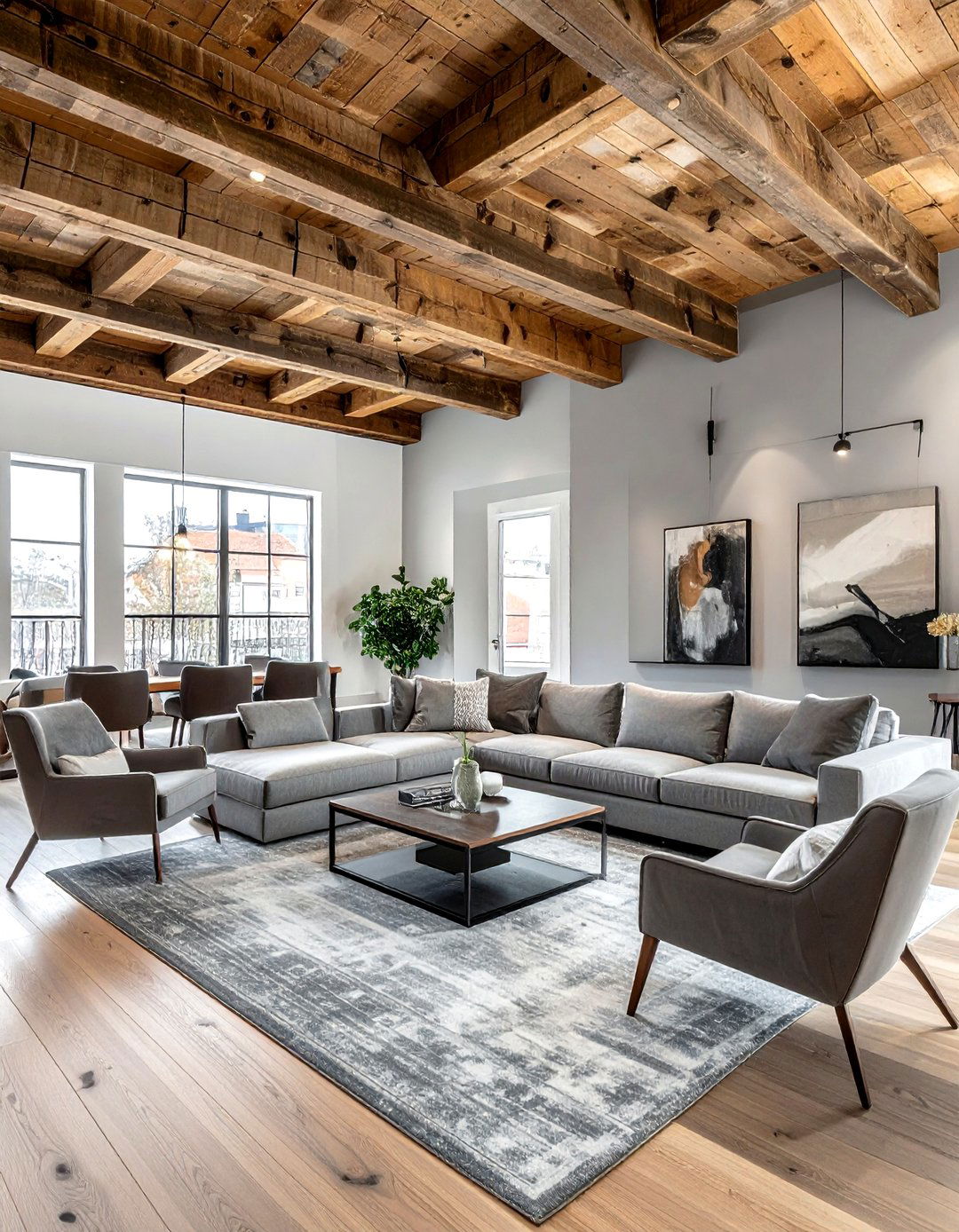 Gray Industrial Living Room With Wood Beams - 30 industrial gray living room ideas