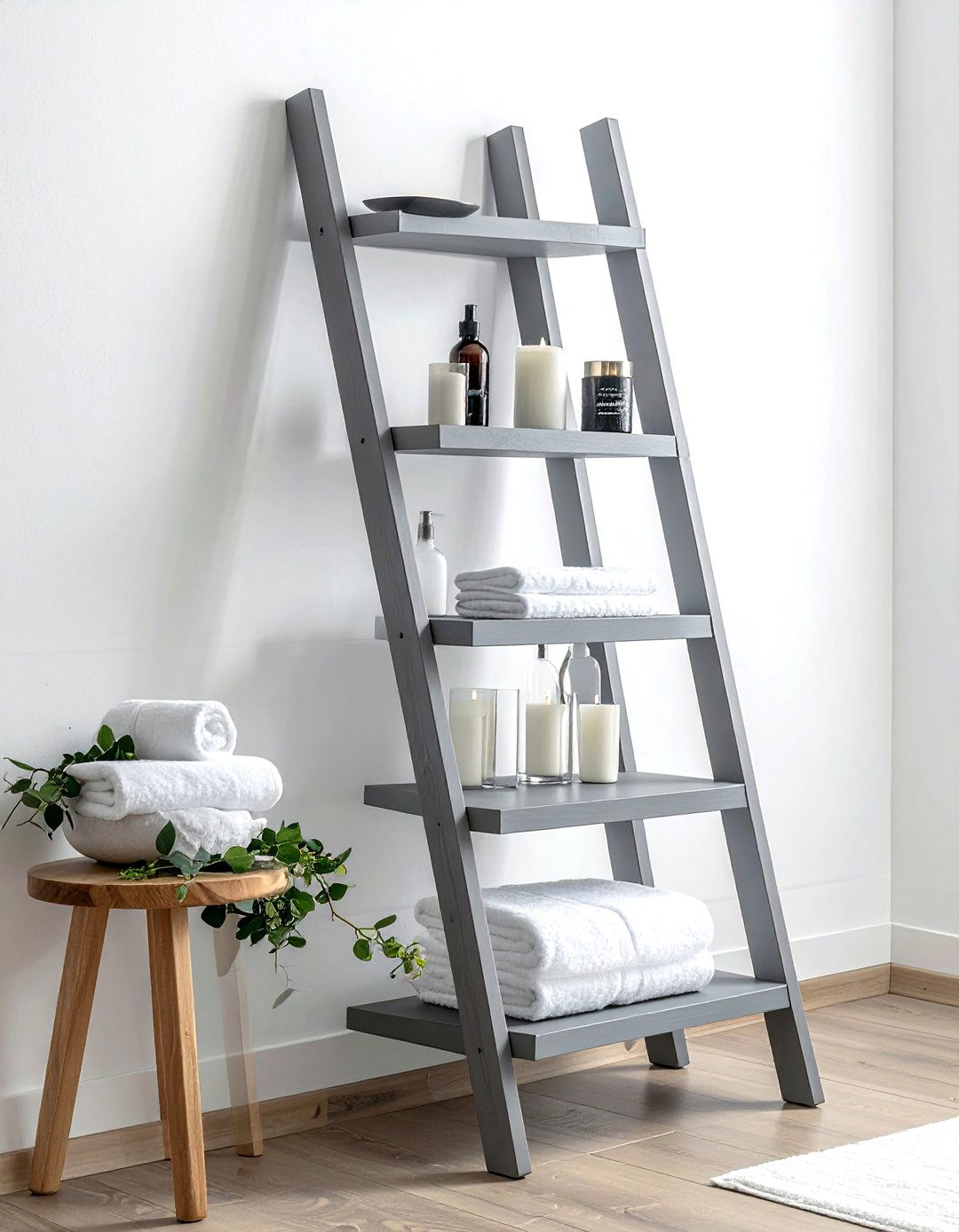 Gray Ladder Shelf - 30 gray bathroom furniture ideas