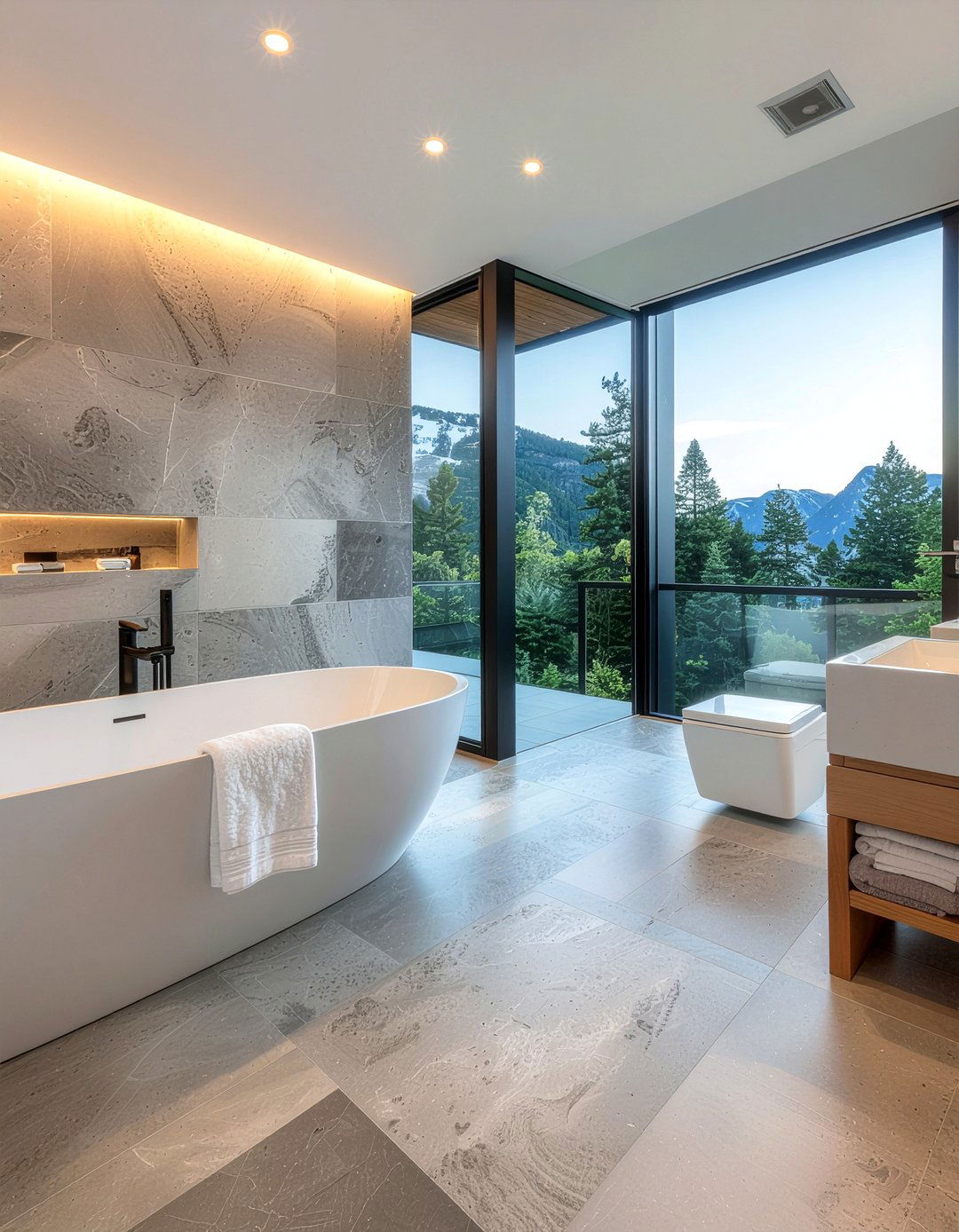 Gray Limestone Large Tile - 30 bathroom floor statement ideas