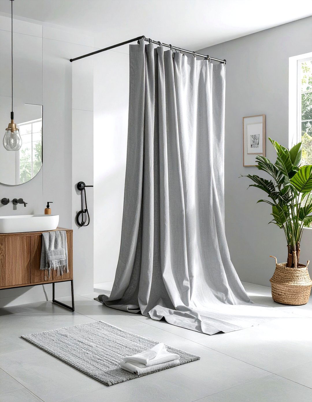 Gray Linen Shower Liner - 30 gray bathroom accessories ideas