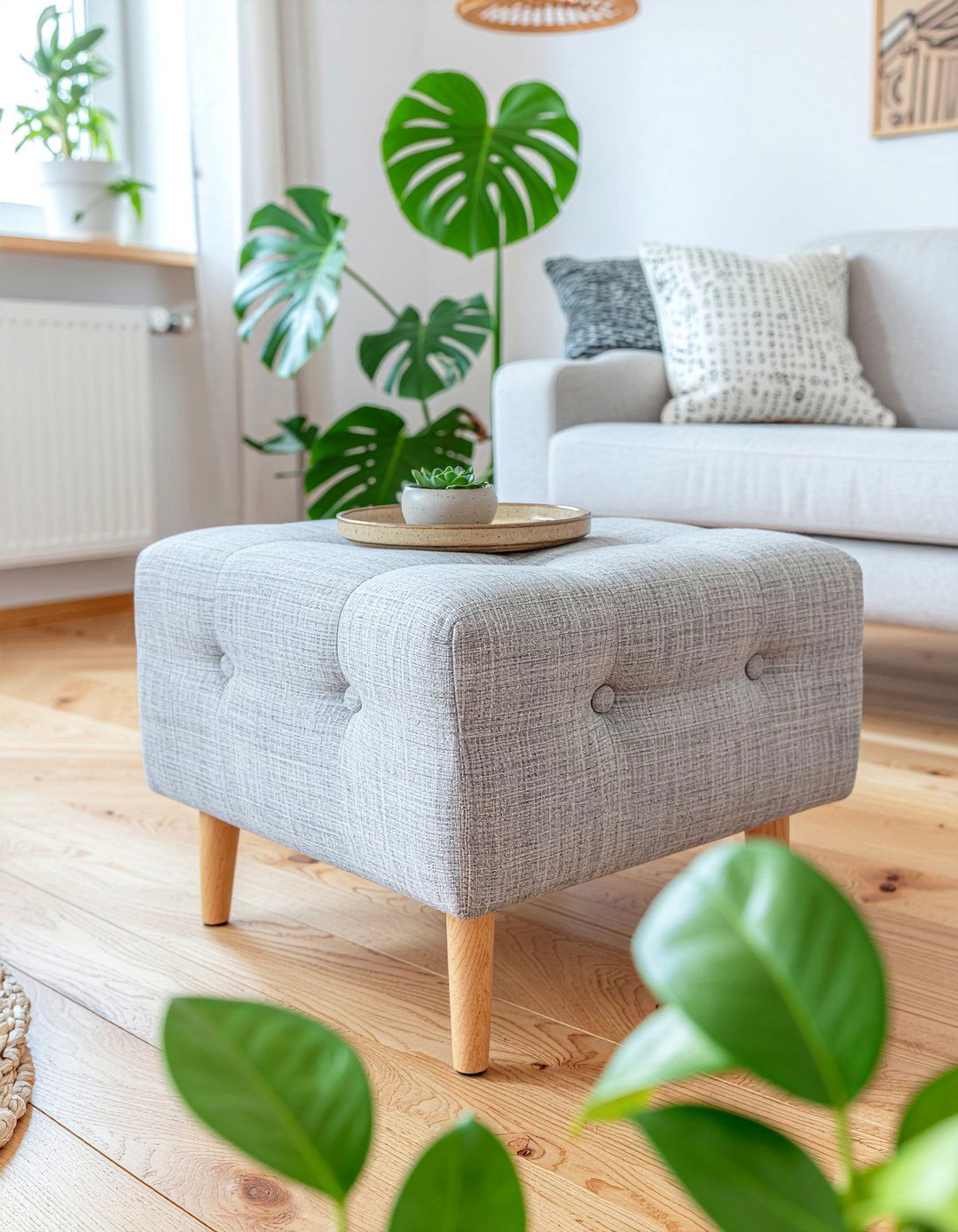 Gray Linen Tufted Ottoman - 30 living room tufted ottoman ideas