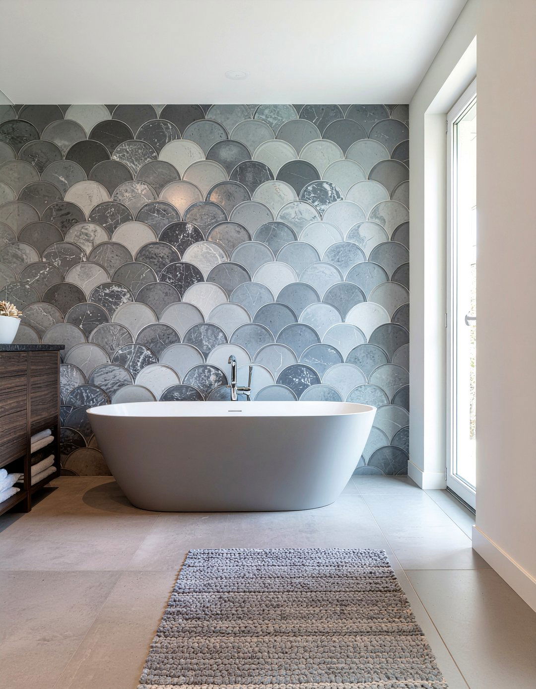Gray Scalloped Accent Wall - 30 scalloped tile bathroom ideas