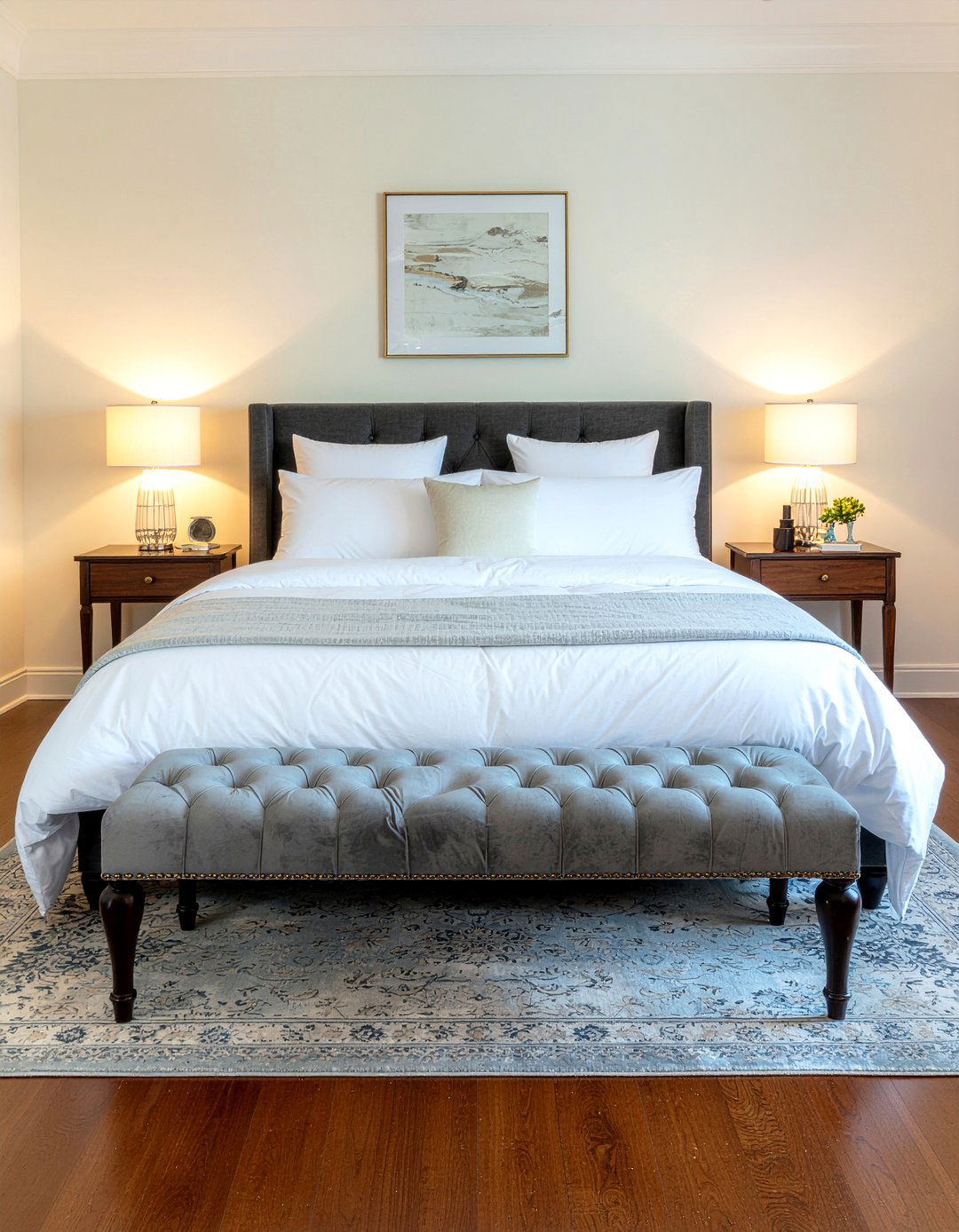 Gray Tufted Bench - 30 bedroom gray furniture ideas