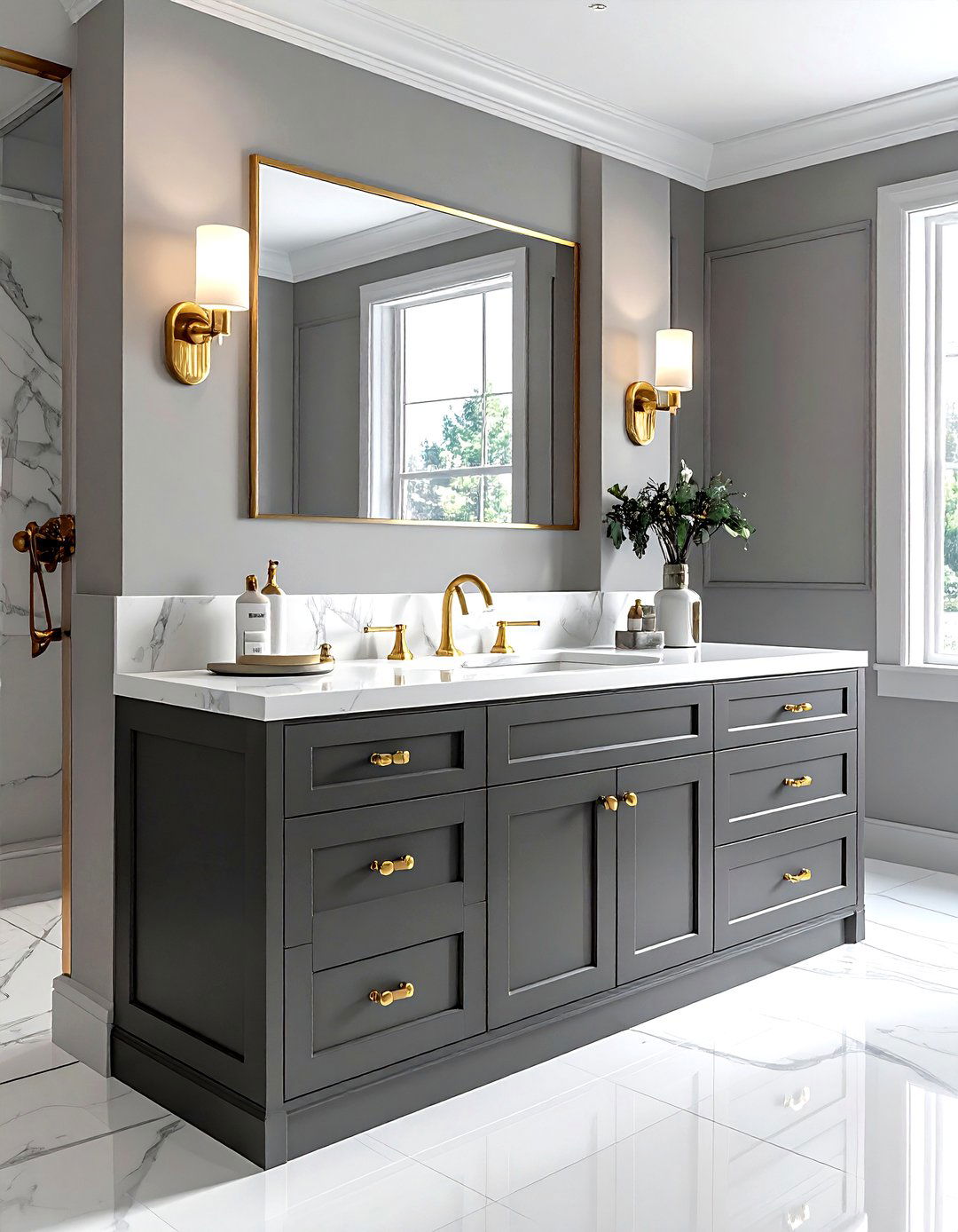 Gray Vanity With Gold Hardware - 30 gray bathroom furniture ideas