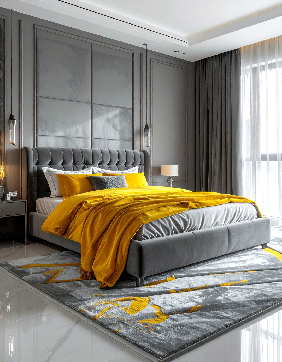 Gray Velvet Bed Yellow Accents - 30 gray yellow bedroom ideas