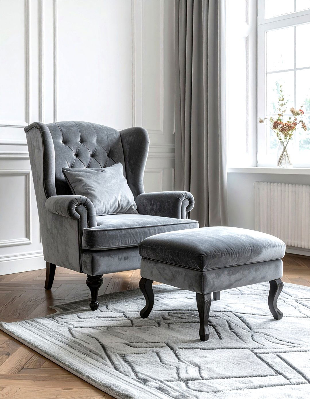 Gray Velvet Footstool - 30 gray living room accessories ideas