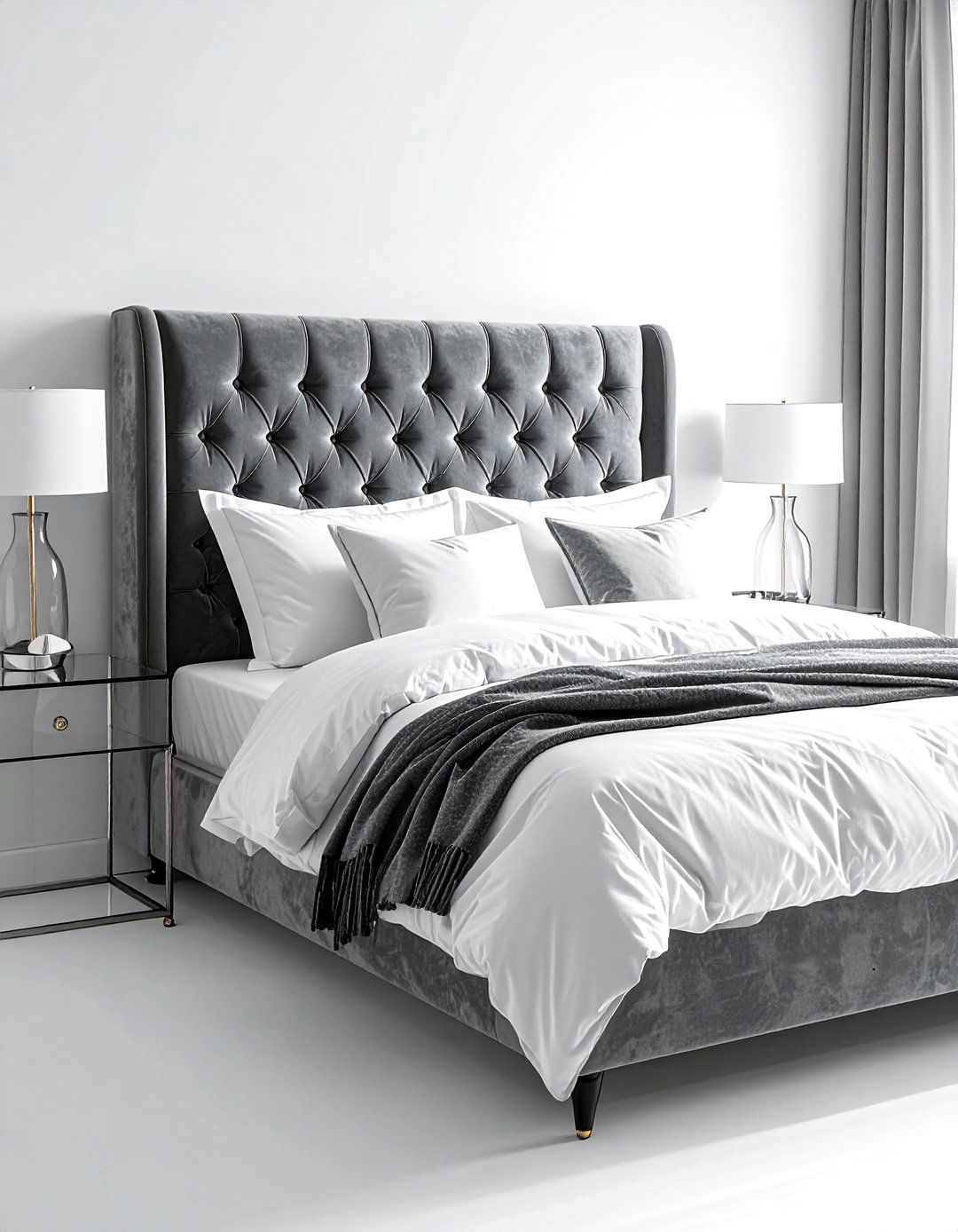 Gray Velvet Headboard - 30 gray bedroom ideas