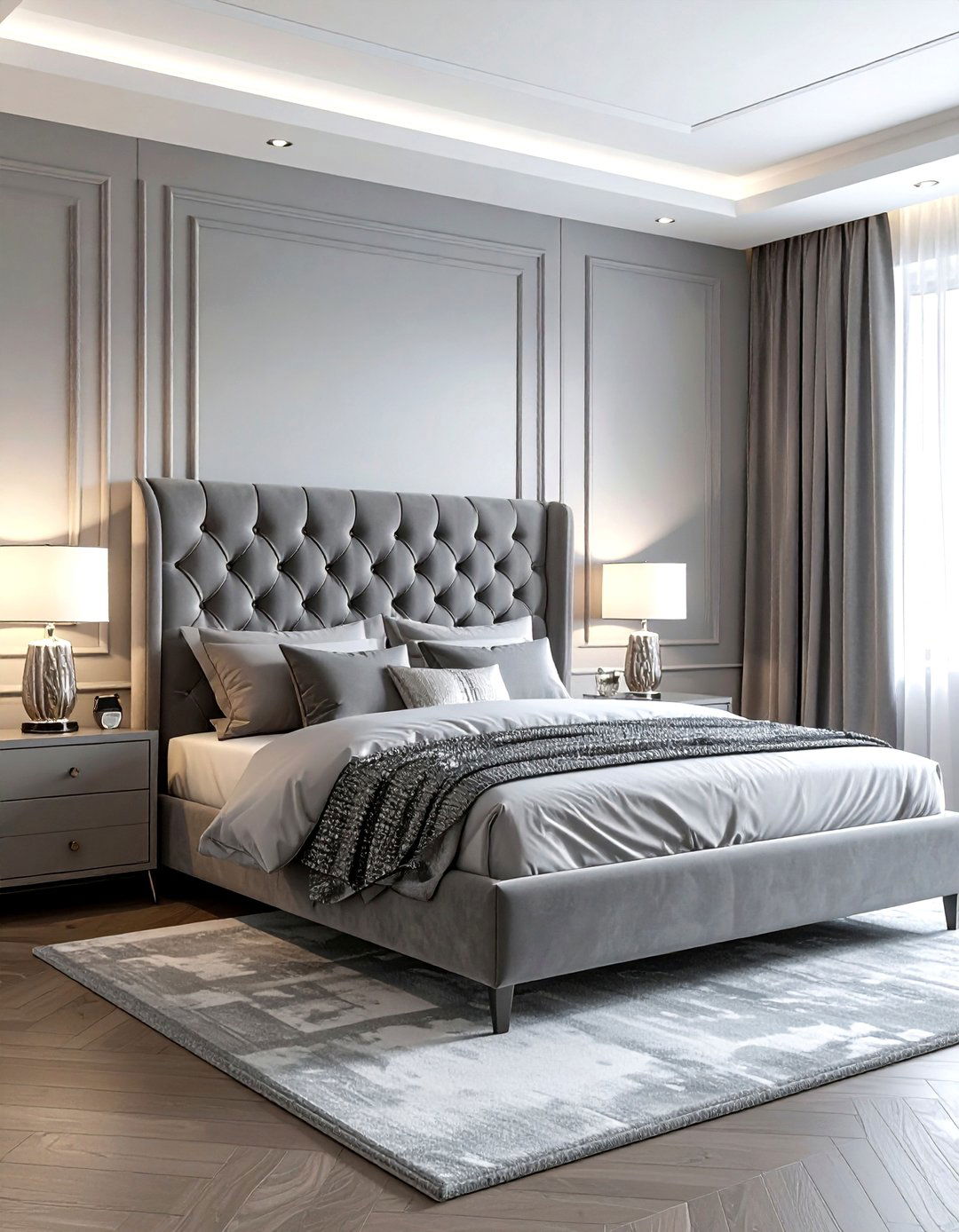 Gray Velvet Headboard - 30 contemporary gray bedroom ideas