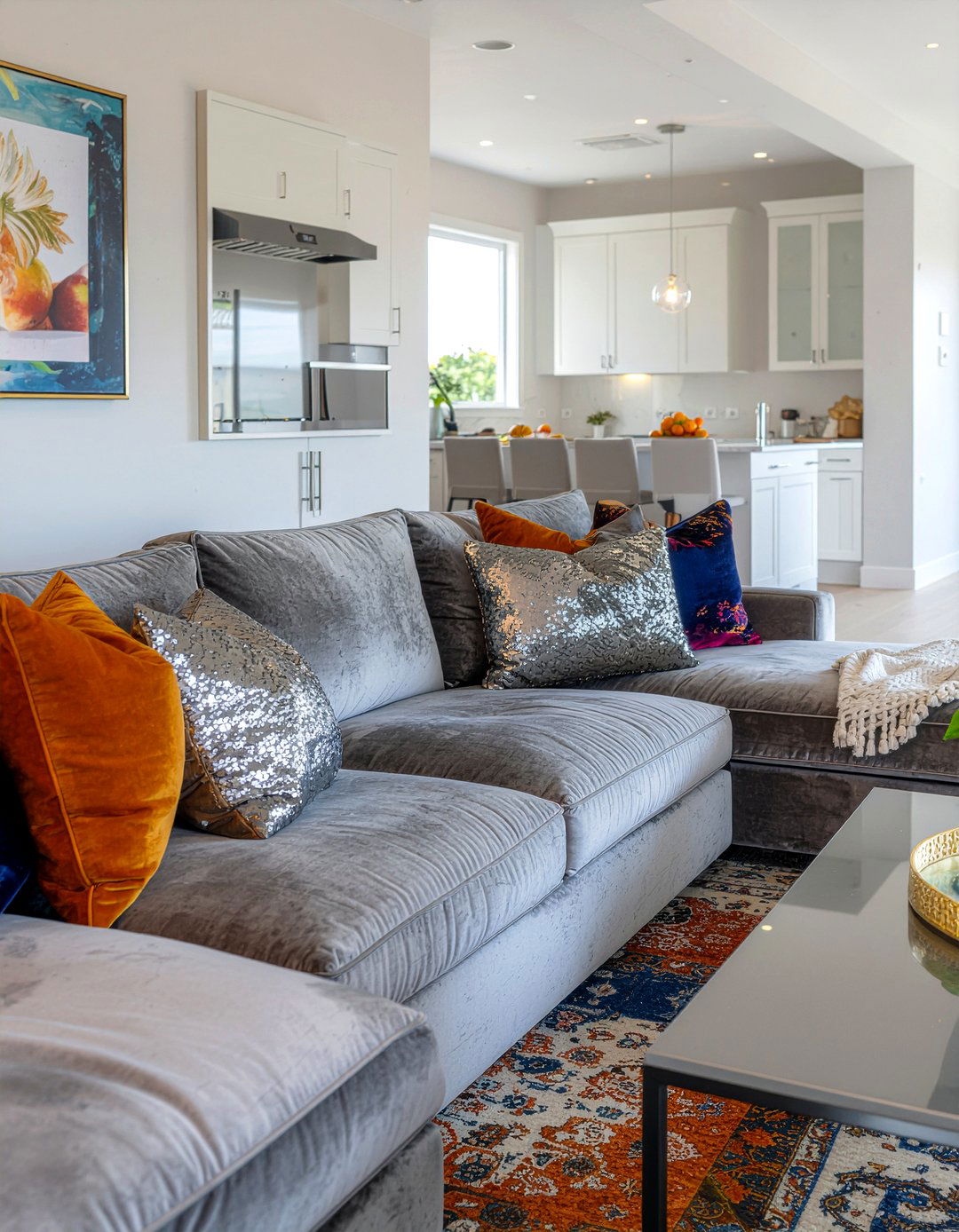 Gray Velvet Sectional - 30 glam living room ideas