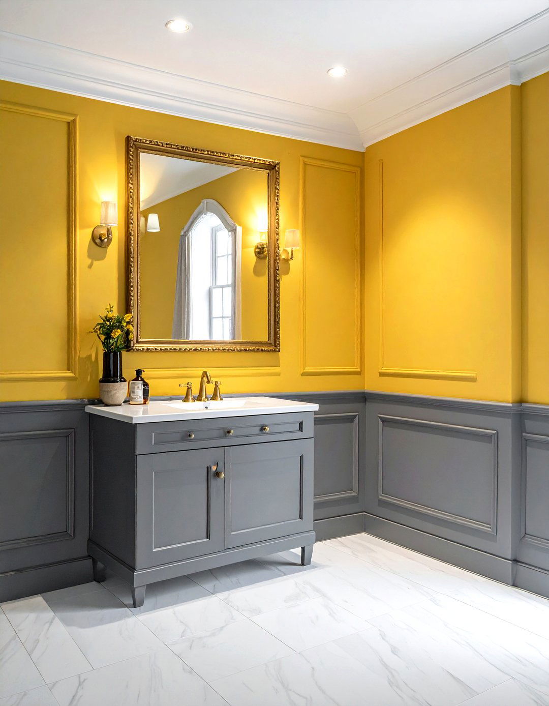 Gray Wainscoting And Yellow Walls - 30 gray and yellow bathroom ideas