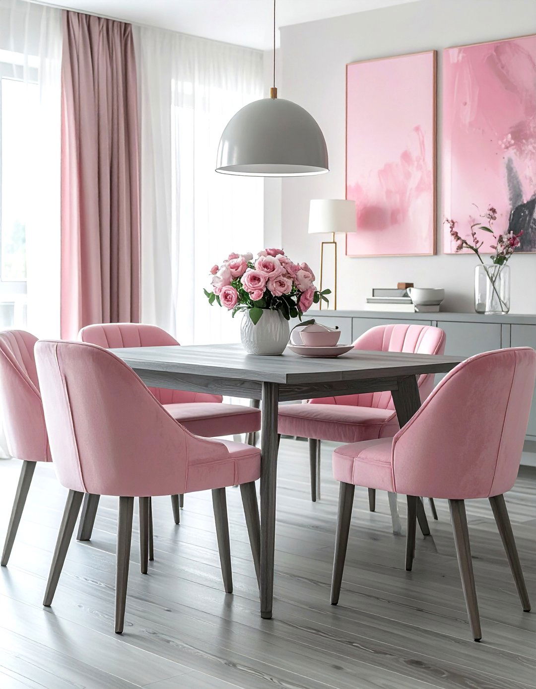 Gray Wood Table Pink Upholstered Chairs - 30 pink gray dining room ideas