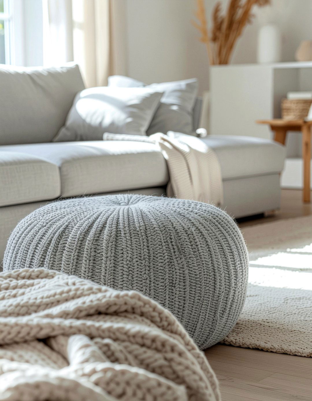 Gray Wool Pouf - 30 living room pouf ideas