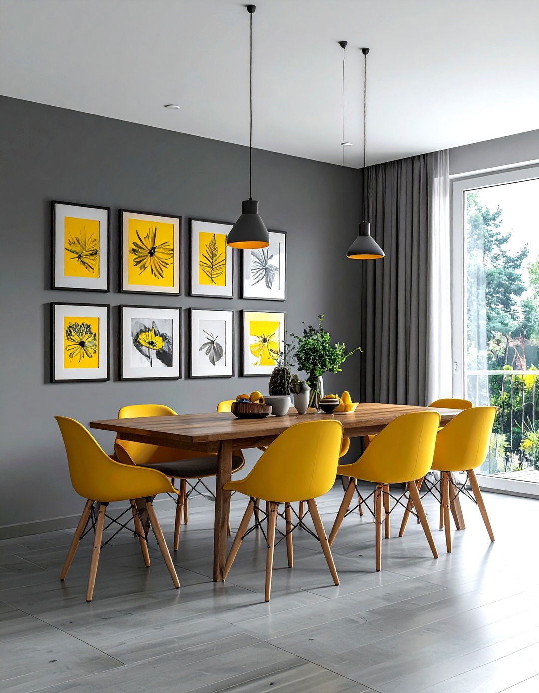 Gray Yellow Gallery Wall Dining Room - 30 gray yellow dining room ideas
