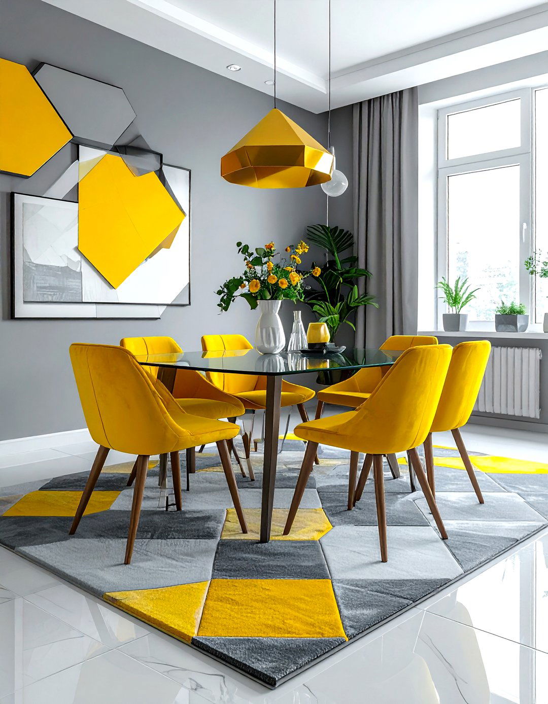 Gray Yellow Geometric Dining Room - 30 gray yellow dining room ideas