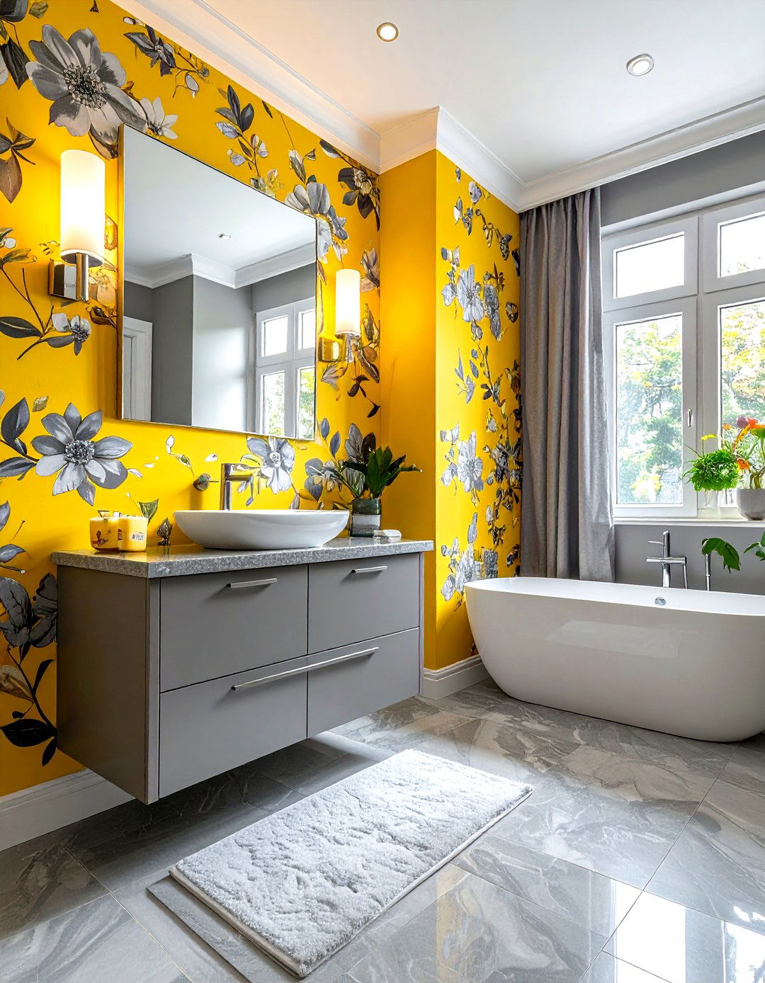 Gray Yellow Patterned Wallpaper Bathroom - 30 gray yellow bathroom ideas